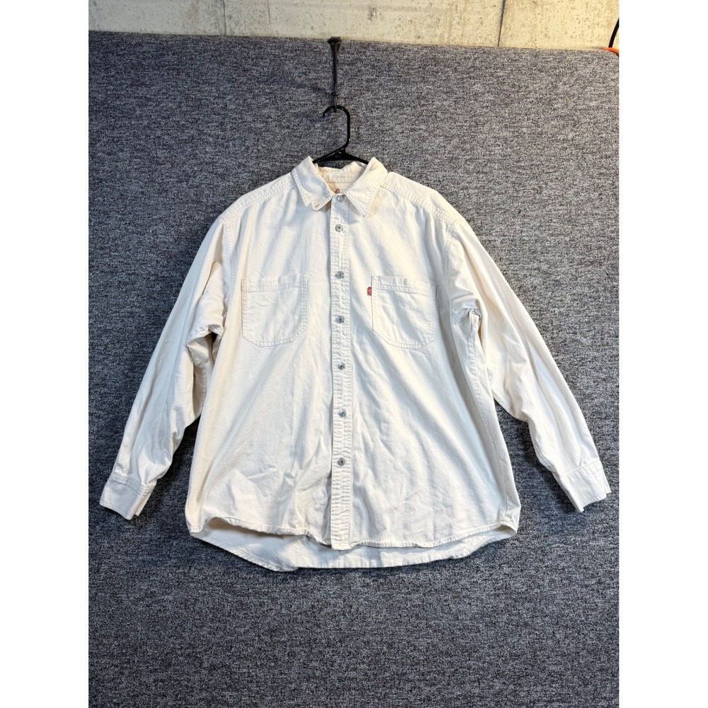 Levis Mens Long Sleeve Button Down Shirt Cream Cotton Twill Workwear Large